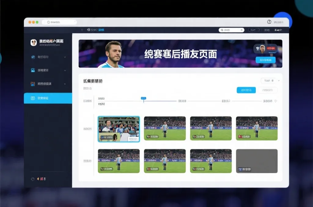 比赛结束后，电视屏幕展示集锦回放页面，旁边有时间轴和多角度切换提示